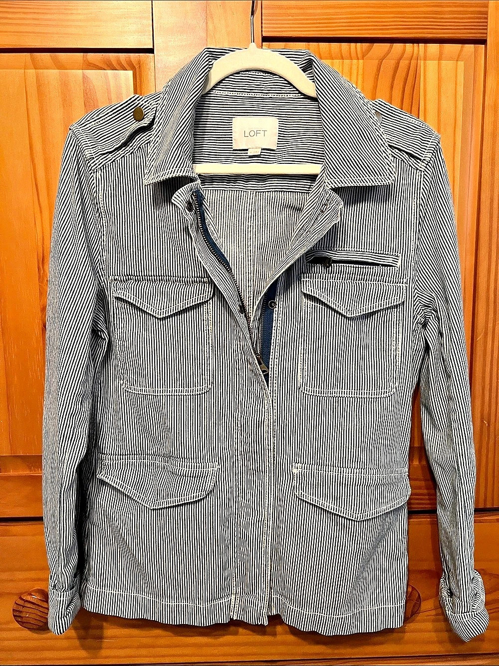 LOFT Striped Utility Jacket in Blue & White Size Medium